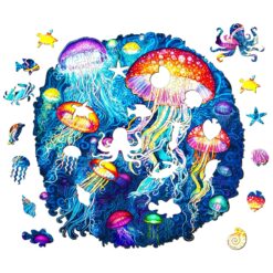 Alternative view of Wooden Jigsaw Puzzle-colorful jellyfish