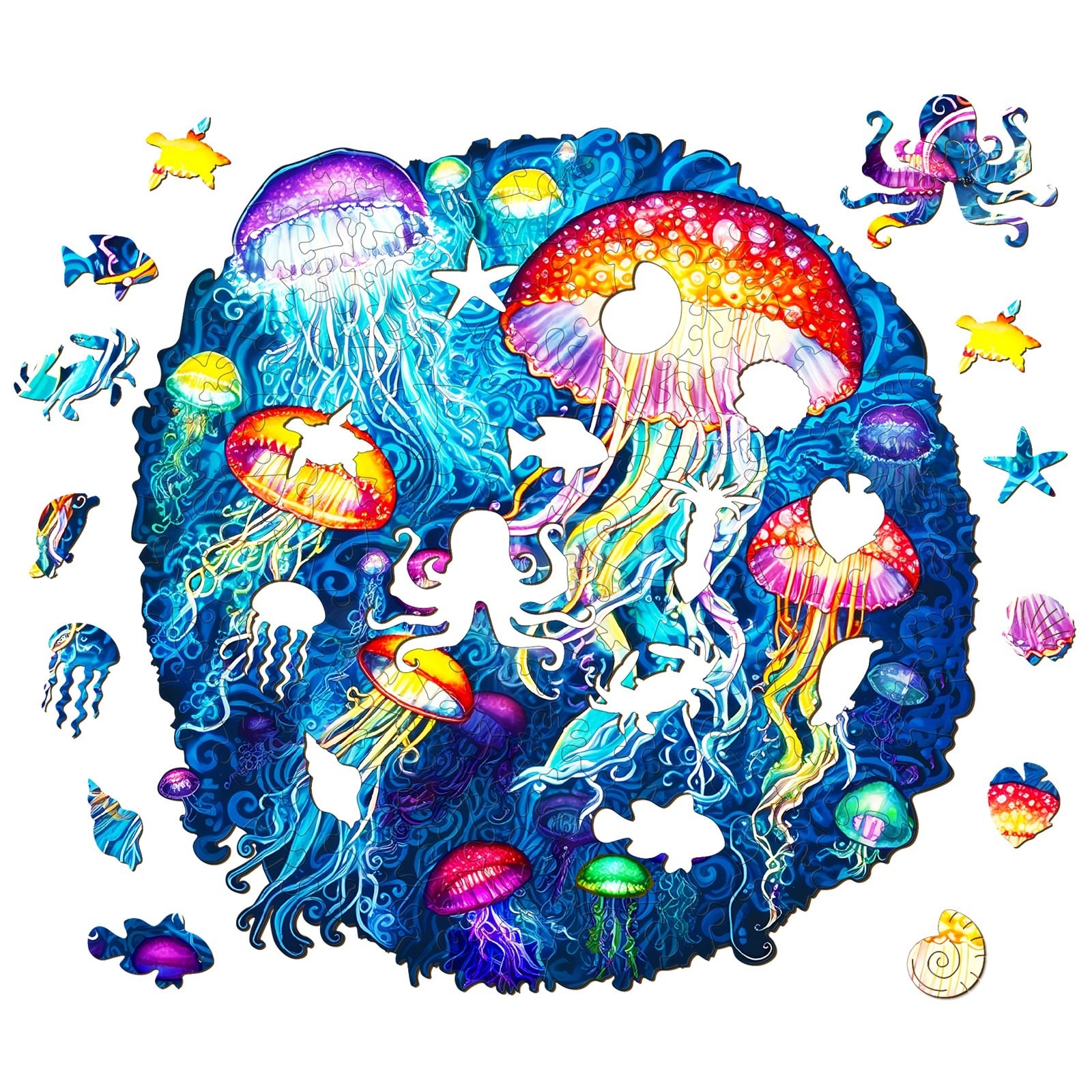 Wooden Jigsaw Puzzle-colorful jellyfish - Image 2