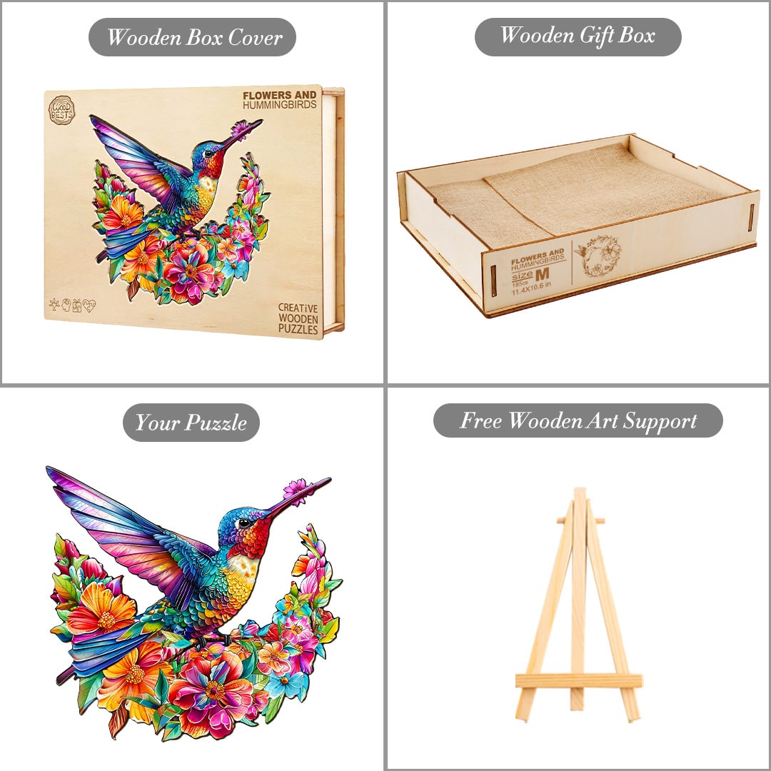 Wooden Jigsaw Puzzle - Flowers and Hummingbird - Image 4