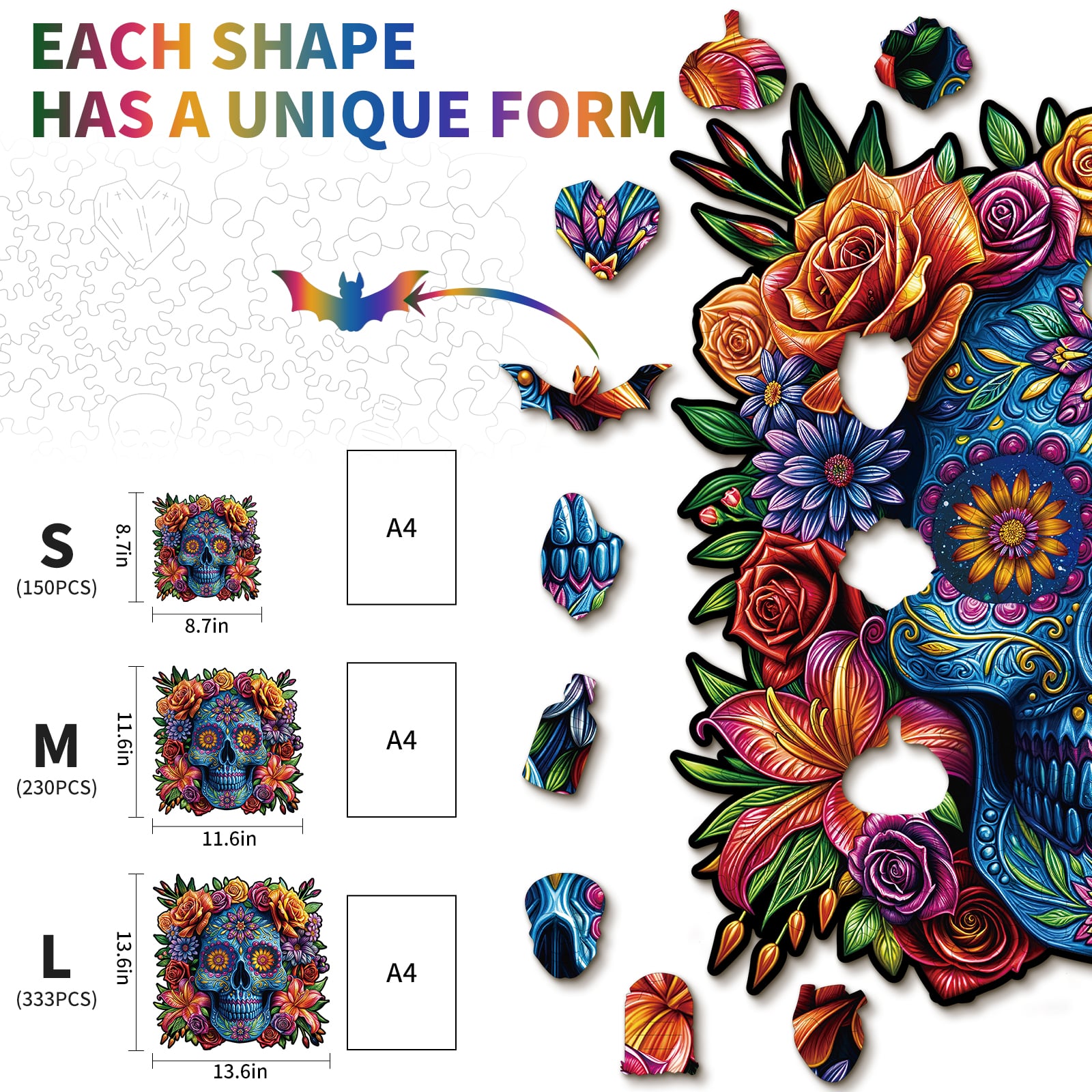 Wooden Jigsaw Puzzle-Painted Skull Head - Image 4