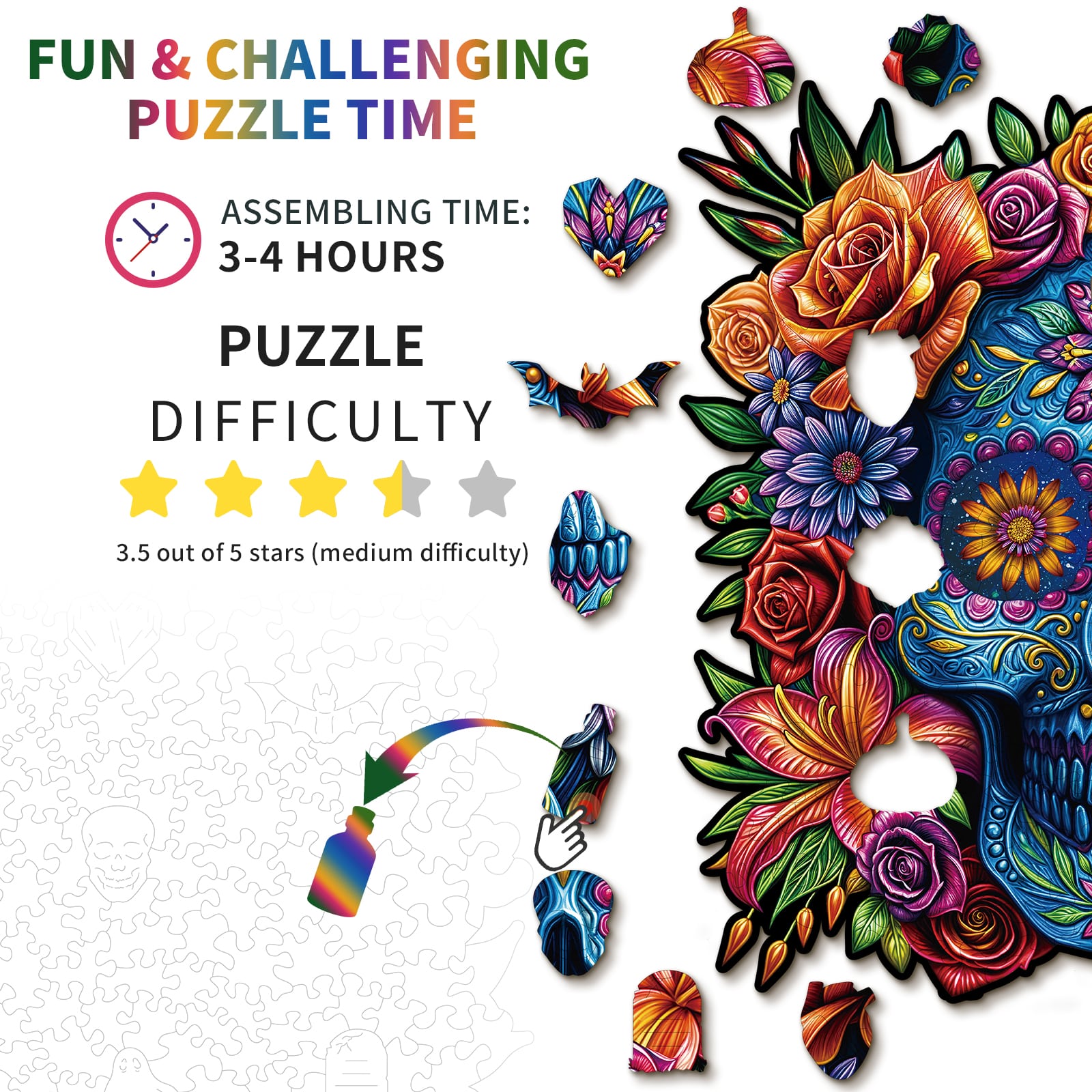 Wooden Jigsaw Puzzle-Painted Skull Head - Image 3