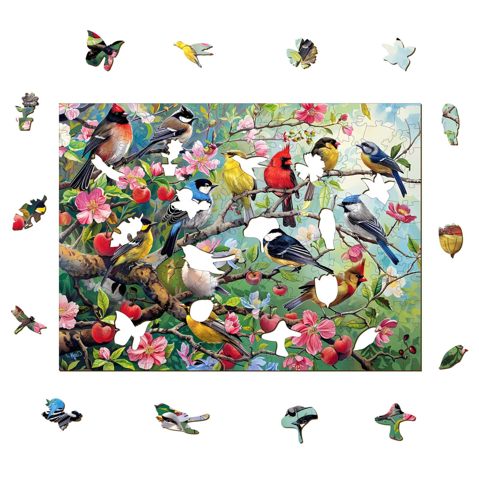 Wooden Jigsaw Puzzle-Birds in the Orchard - Image 2