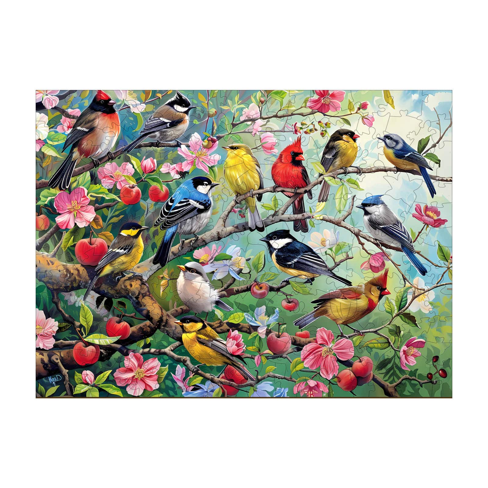Wooden Jigsaw Puzzle-Birds in the Orchard