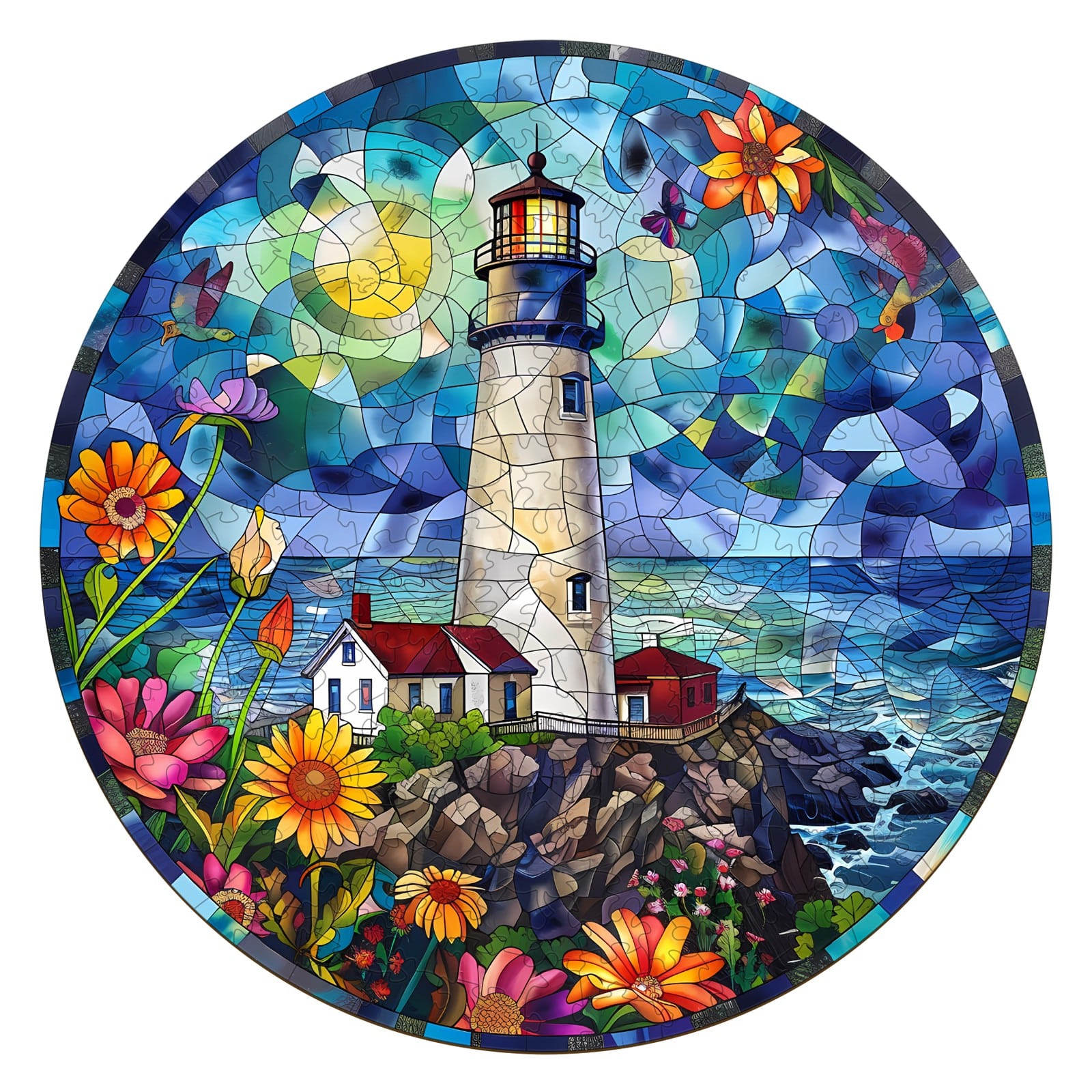 Wooden Jigsaw Puzzle-Stained Glass Lighthouse 2