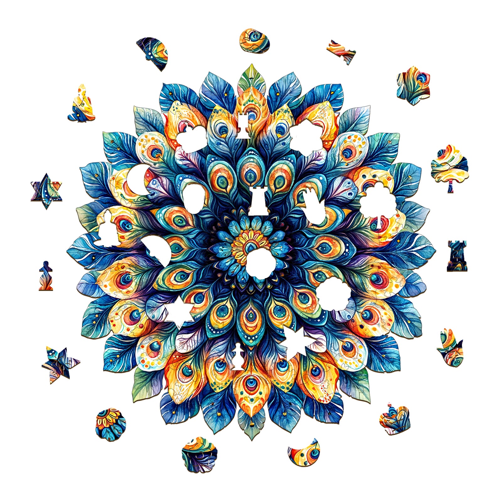 Wooden Jigsaw Puzzle - Peacock Feather Mandala - Image 2