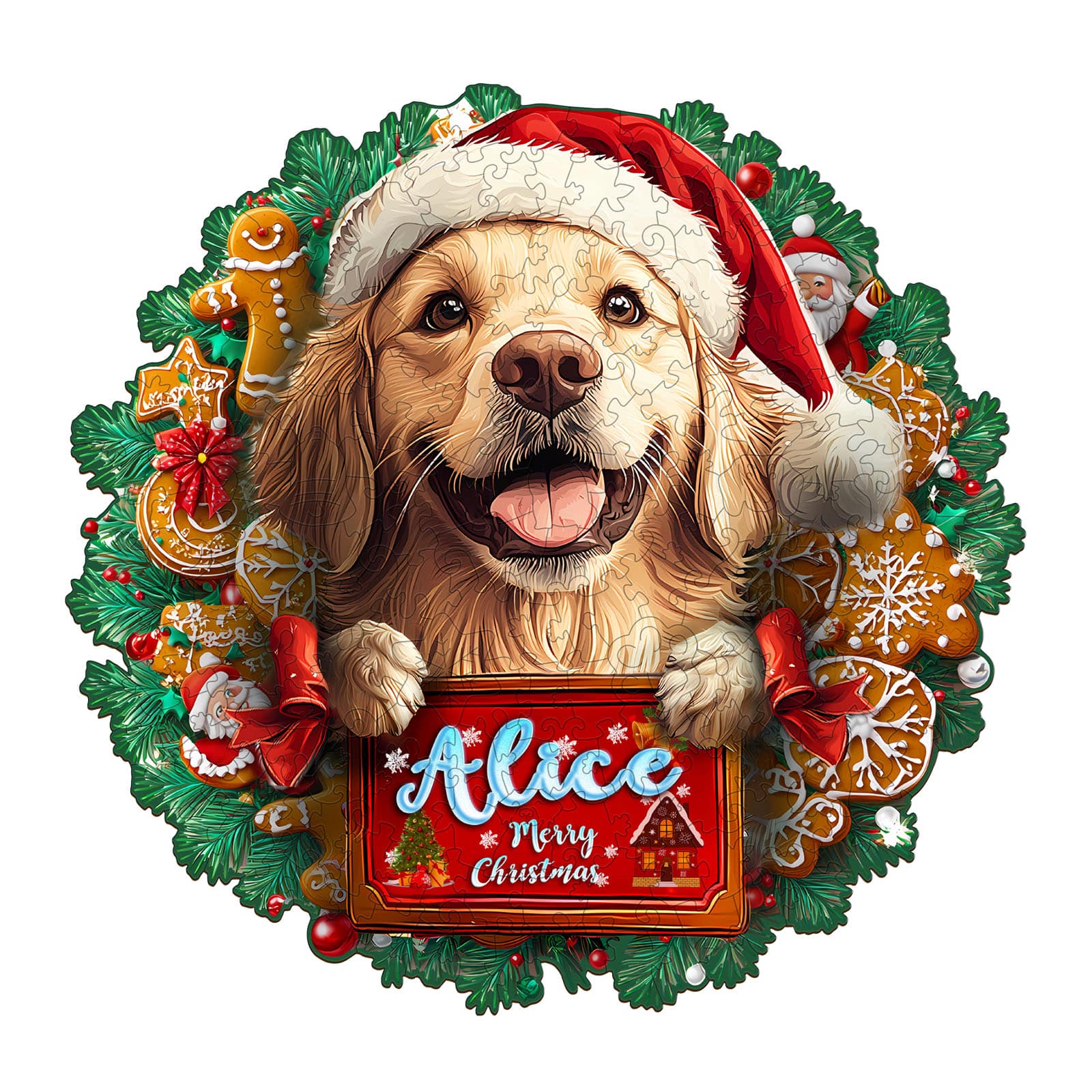 Custom Name Wooden Jigsaw Puzzle - Christmas Golden Retriever