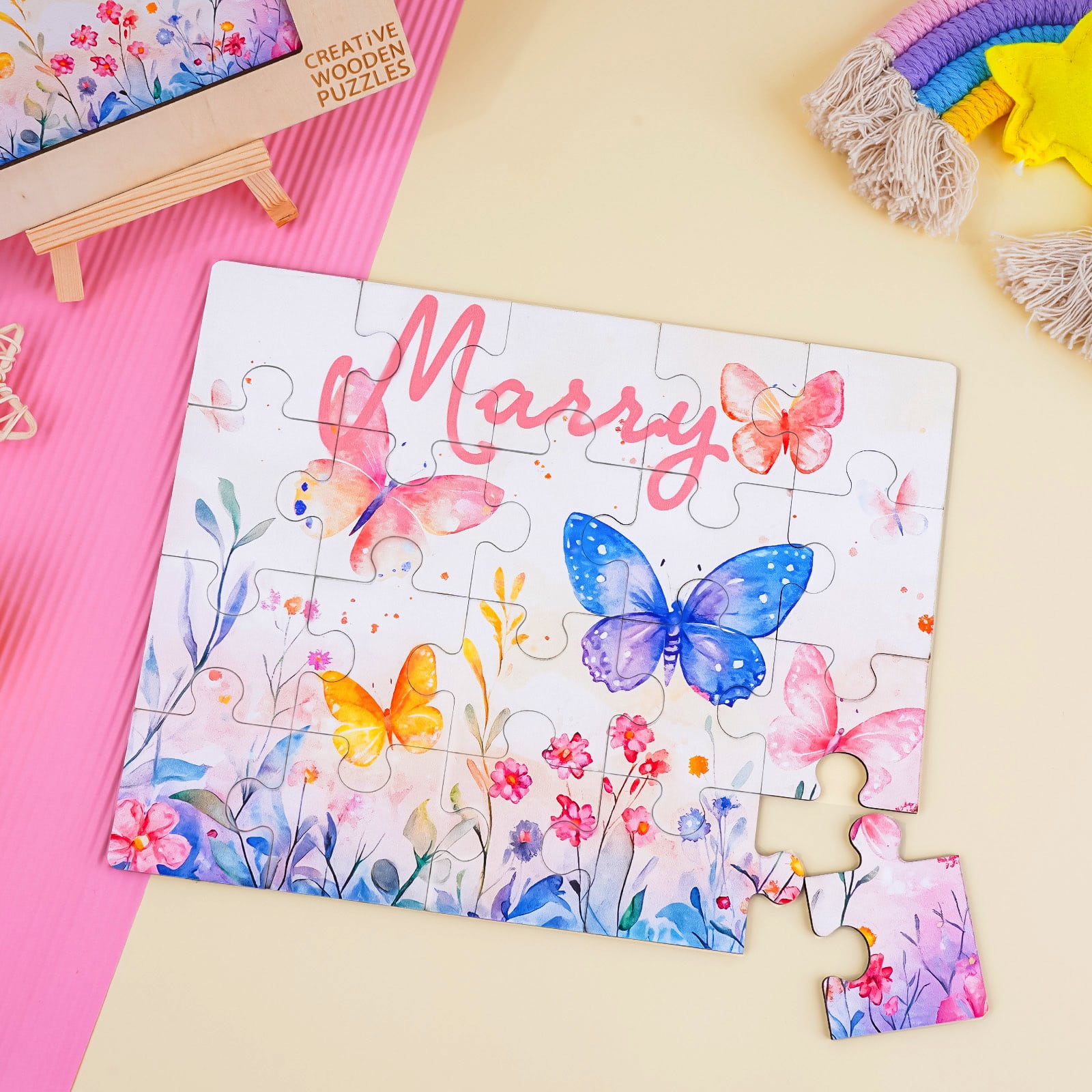 Custom Name Wooden Jigsaw Puzzle for Children - Beautiful Butterfly - Image 5