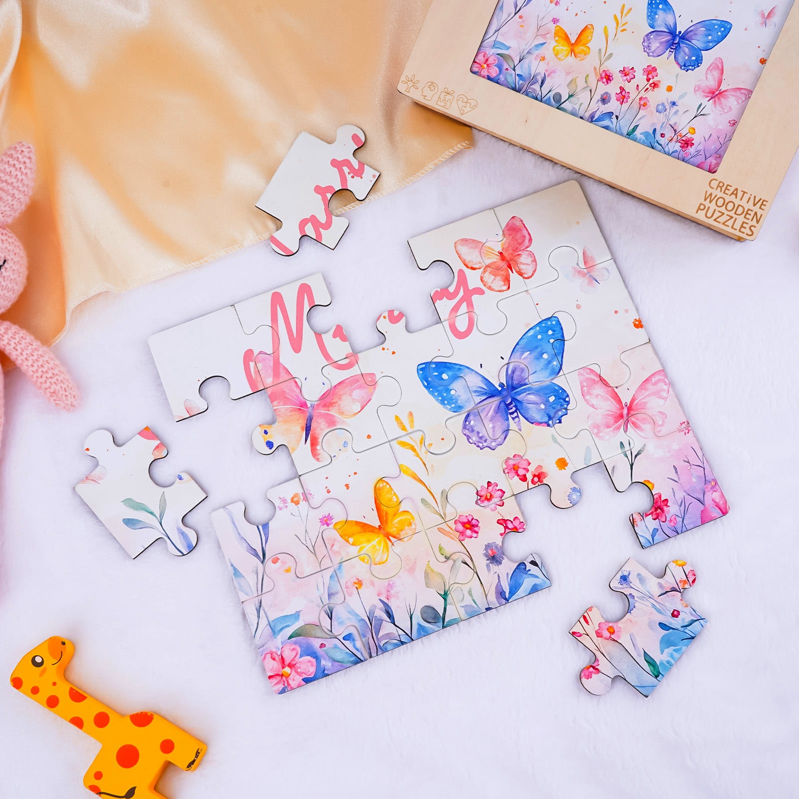 Custom Name Wooden Jigsaw Puzzle for Children - Beautiful Butterfly - Image 4