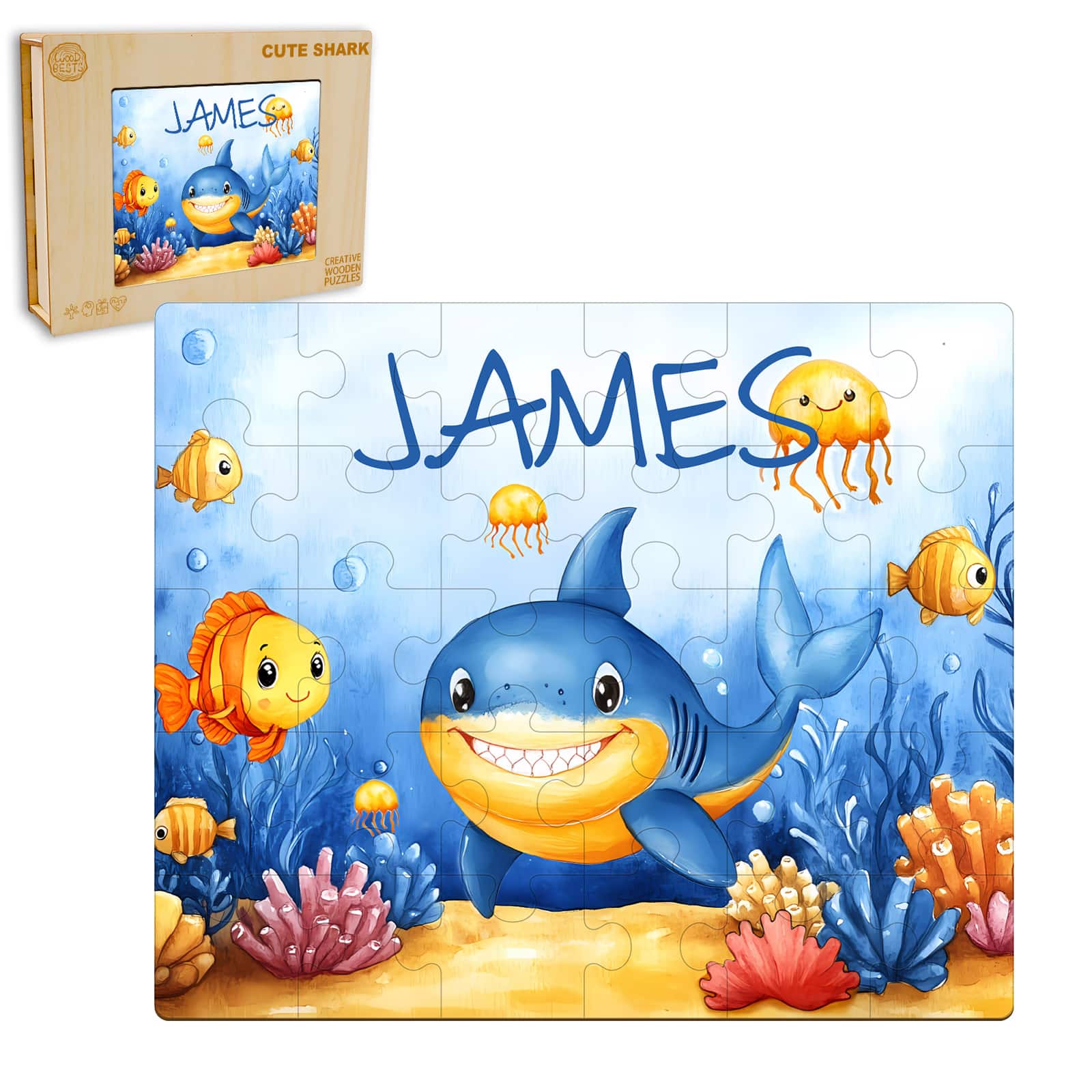 Custom Name Wooden Jigsaw Puzzle for Children - Cute Shark