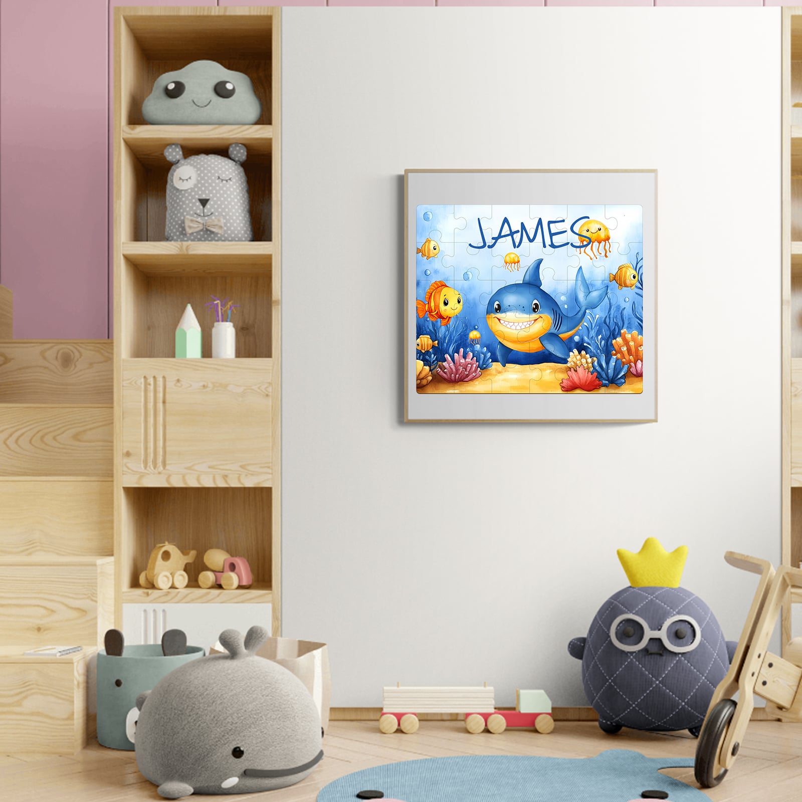 Custom Name Wooden Jigsaw Puzzle for Children - Cute Shark - Image 6