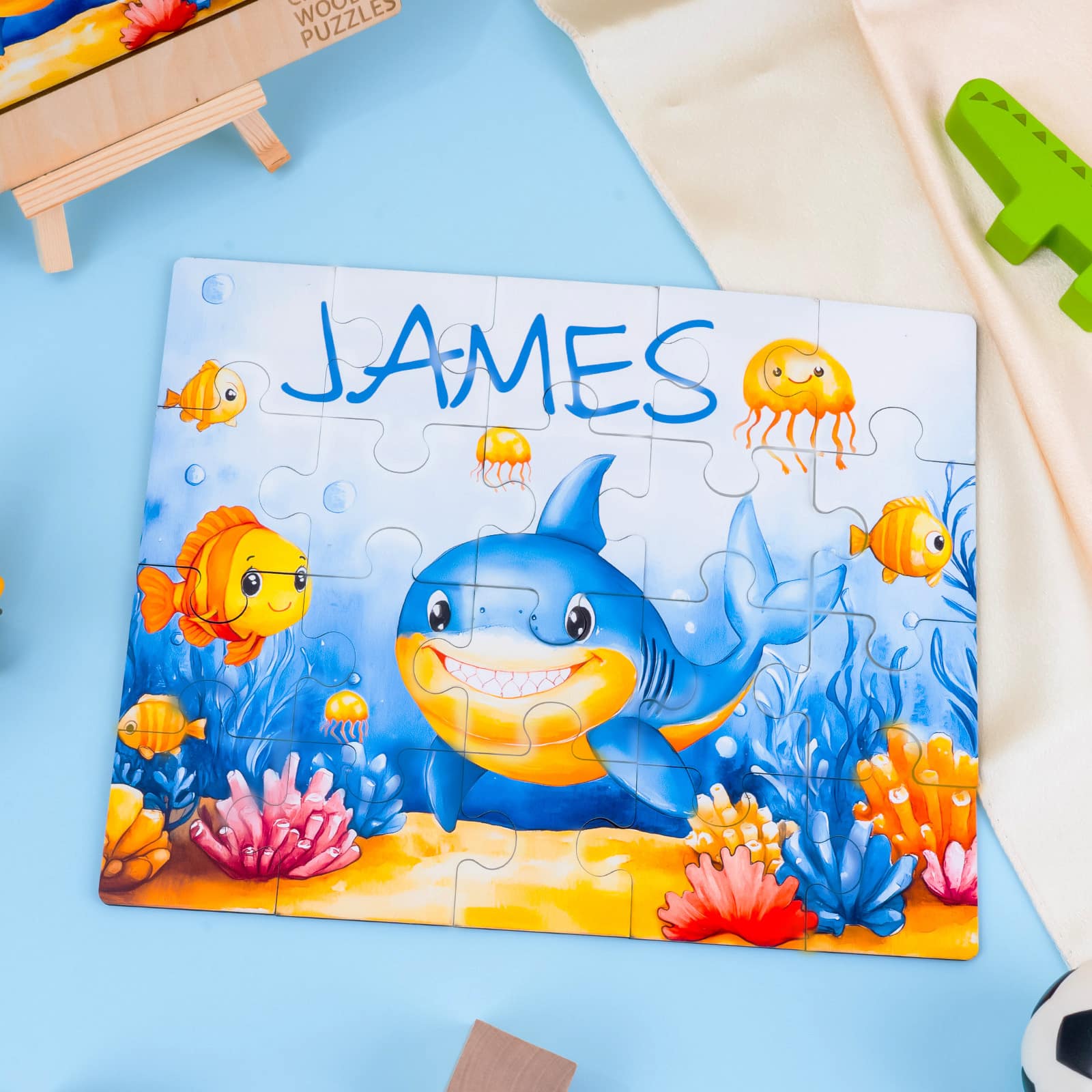 Custom Name Wooden Jigsaw Puzzle for Children - Cute Shark - Image 5