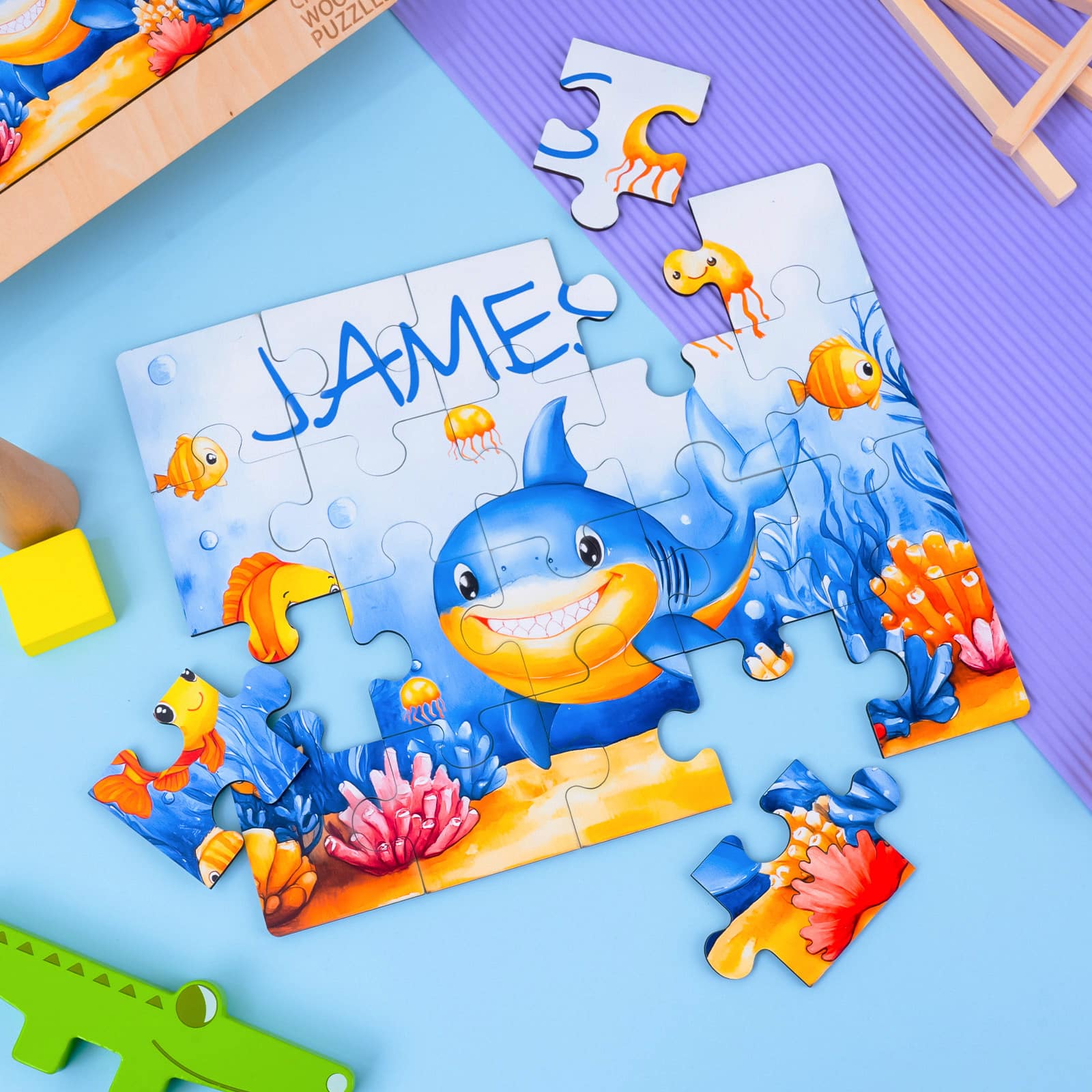 Custom Name Wooden Jigsaw Puzzle for Children - Cute Shark - Image 4