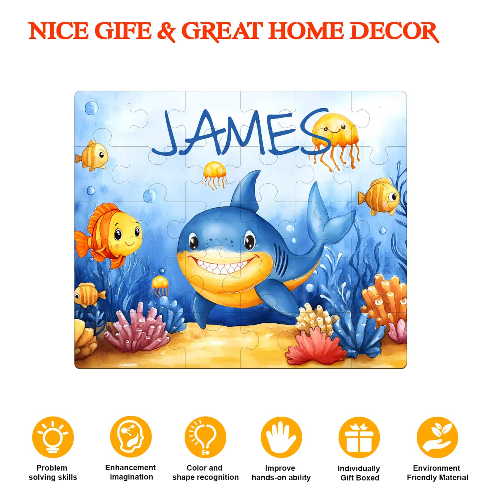 Custom Name Wooden Jigsaw Puzzle for Children - Cute Shark - Image 7