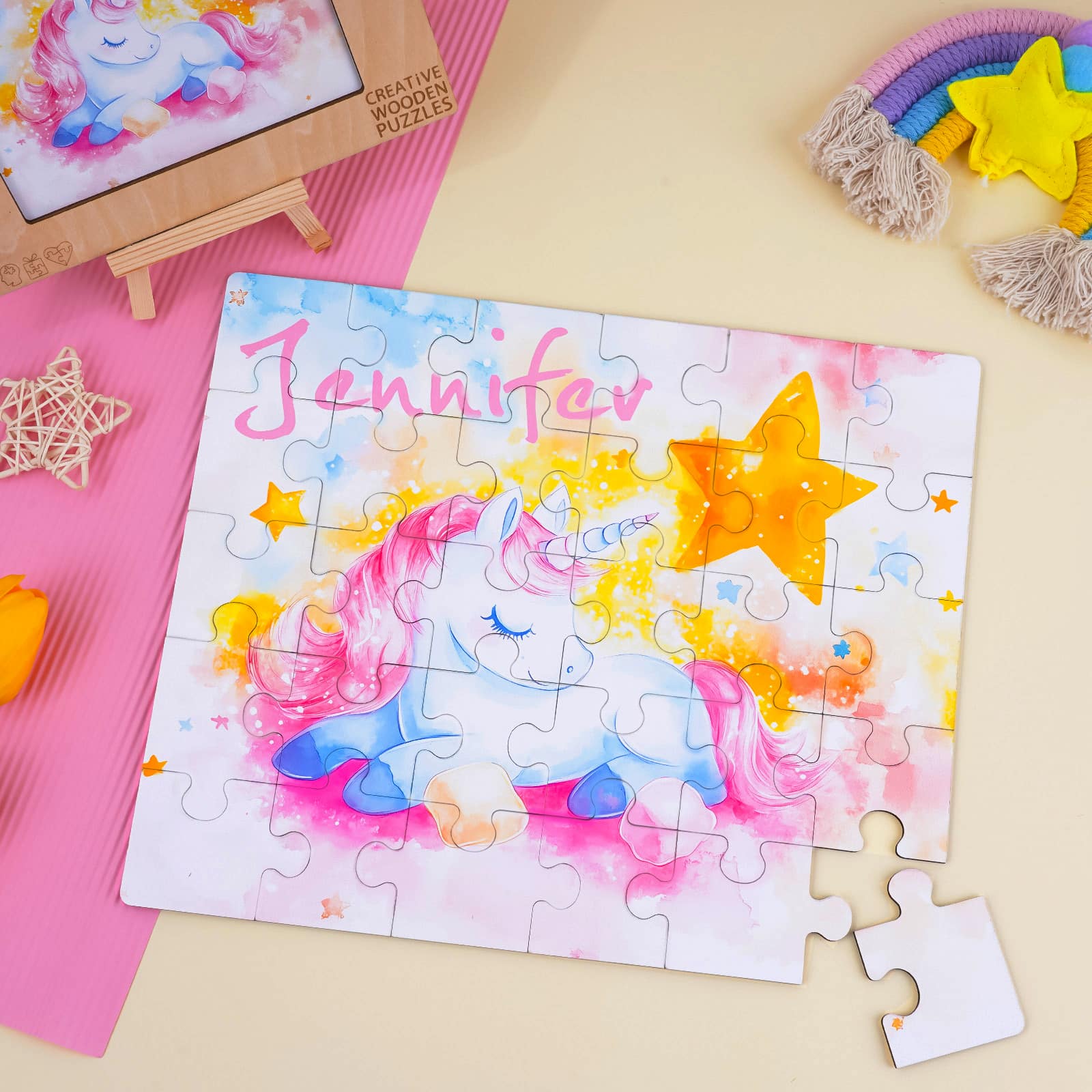 Custom Name Wooden Jigsaw Puzzle for Children - Sleeping Elf Pony - Image 5