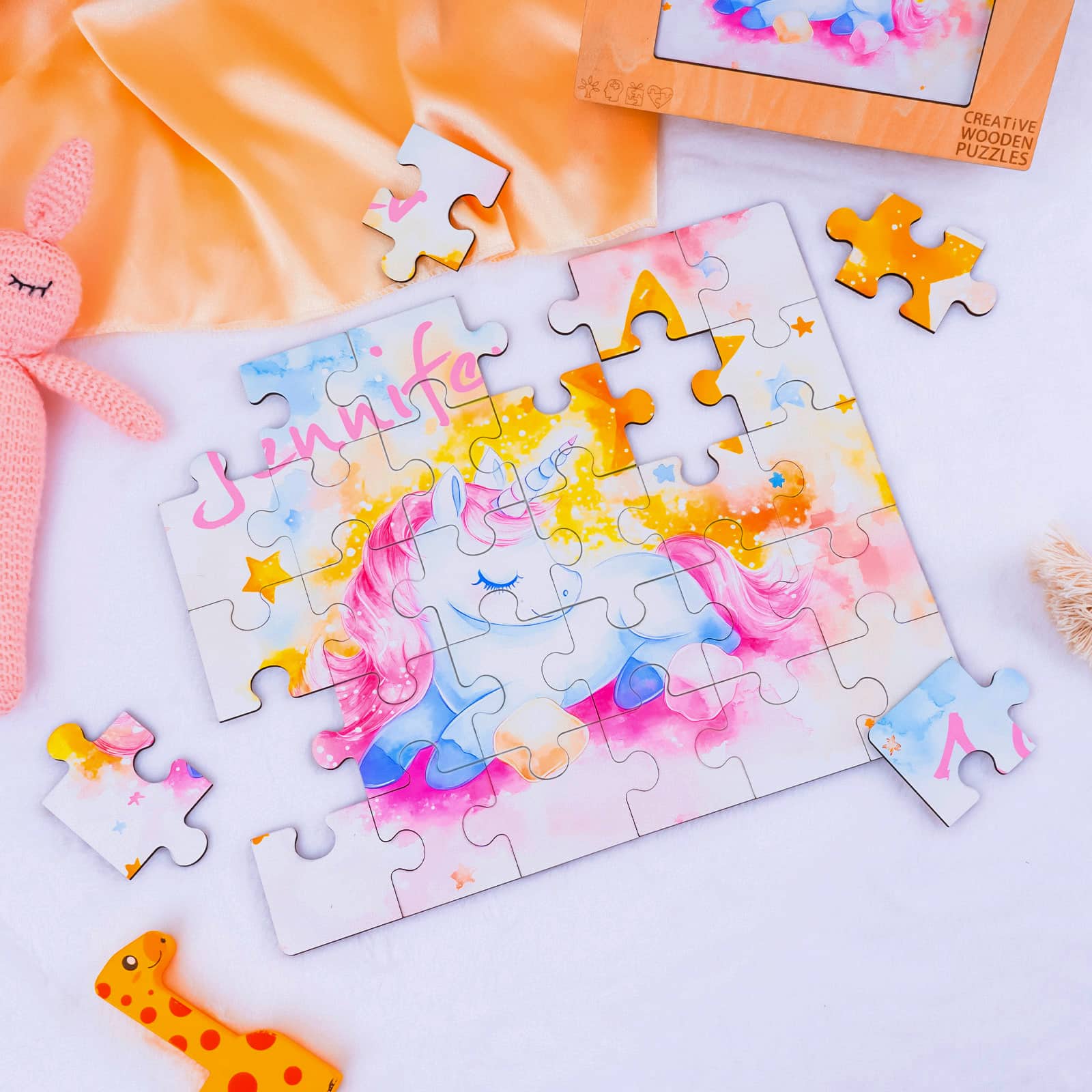 Custom Name Wooden Jigsaw Puzzle for Children - Sleeping Elf Pony - Image 4