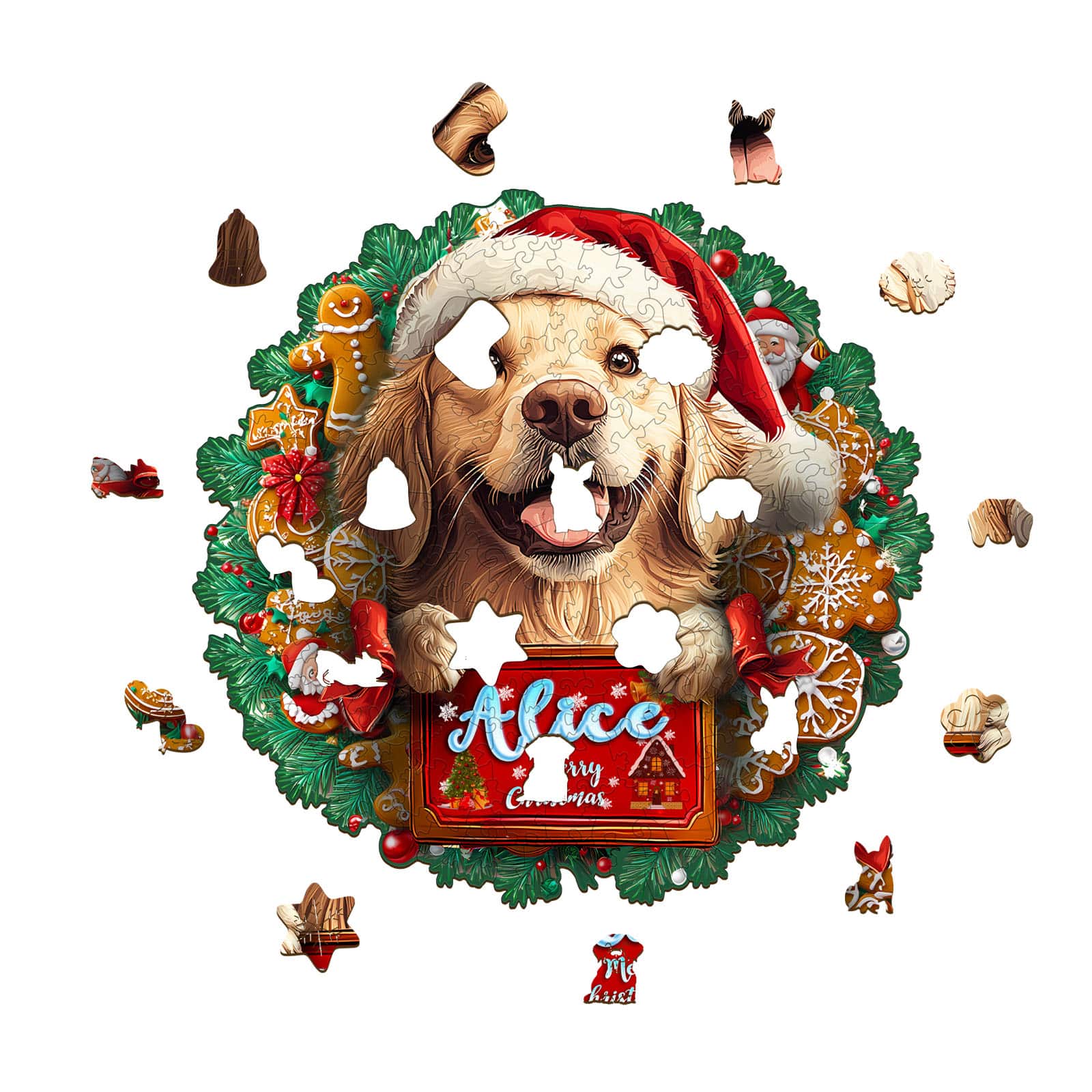 Custom Name Wooden Jigsaw Puzzle - Christmas Golden Retriever - Image 2