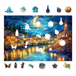 Alternative view of Wooden Jigsaw Puzzle-Stained glass starry night 2