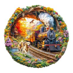 Wooden Jigsaw Puzzle - dogs Chasing Train