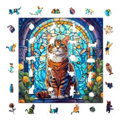 Alternative view of Wooden Jigsaw Puzzle - Stained glass cat