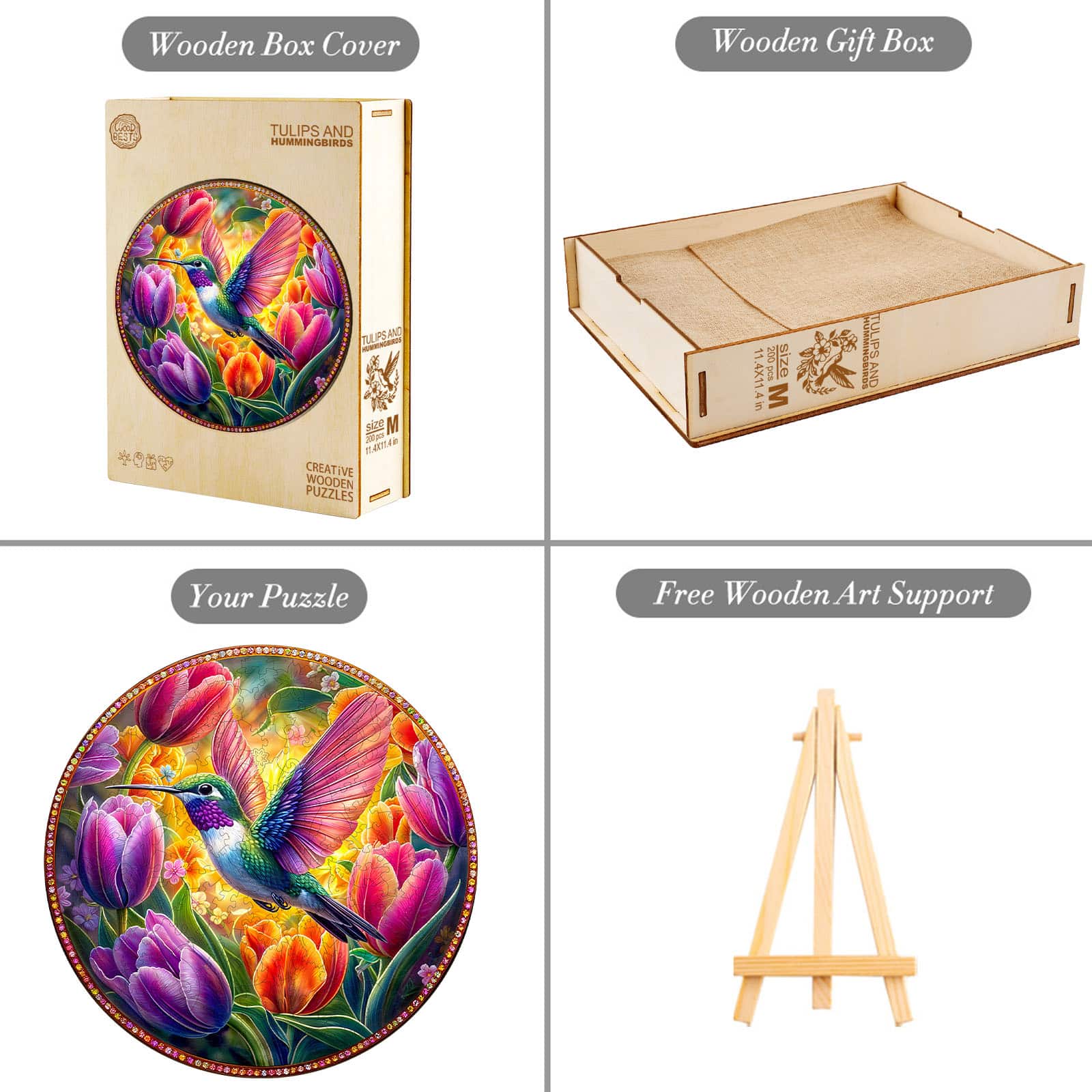 Wooden Jigsaw Puzzle - Tulips and hummingbirds - Image 5