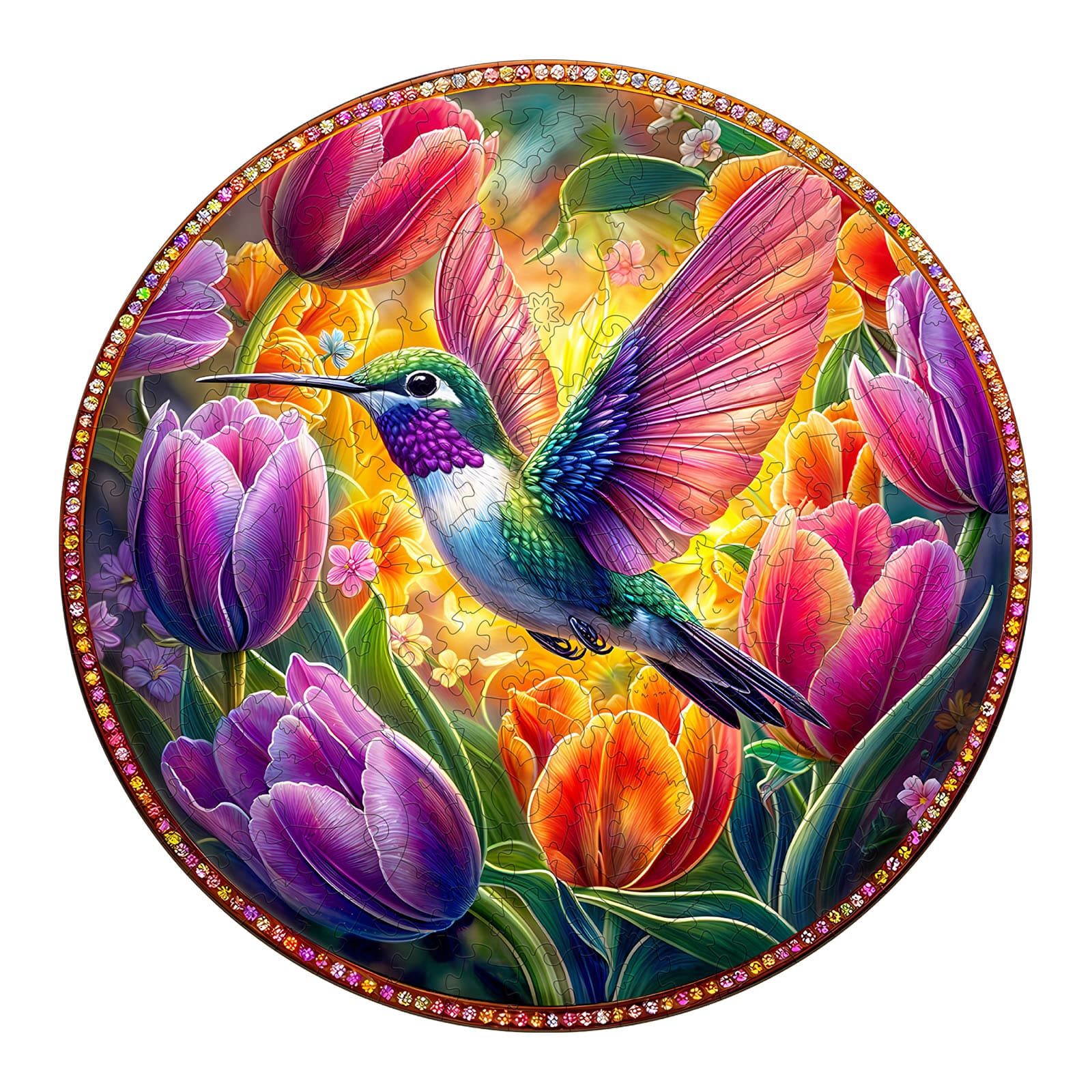 Wooden Jigsaw Puzzle - Tulips and hummingbirds