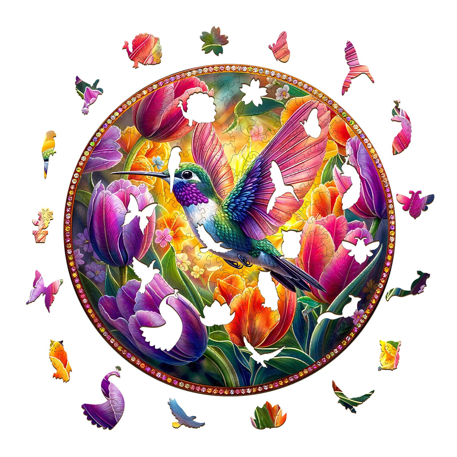 Wooden Jigsaw Puzzle - Tulips and hummingbirds - Image 2