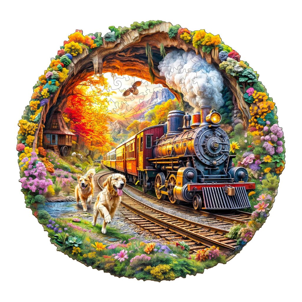 Wooden Jigsaw Puzzle – dogs Chasing Train