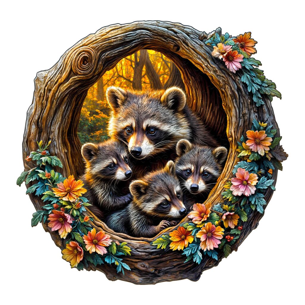 Wooden Jigsaw Puzzle – family of raccoons