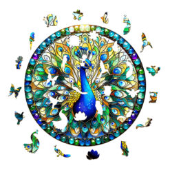 Alternative view of Wooden Jigsaw Puzzle – stained glass peacock