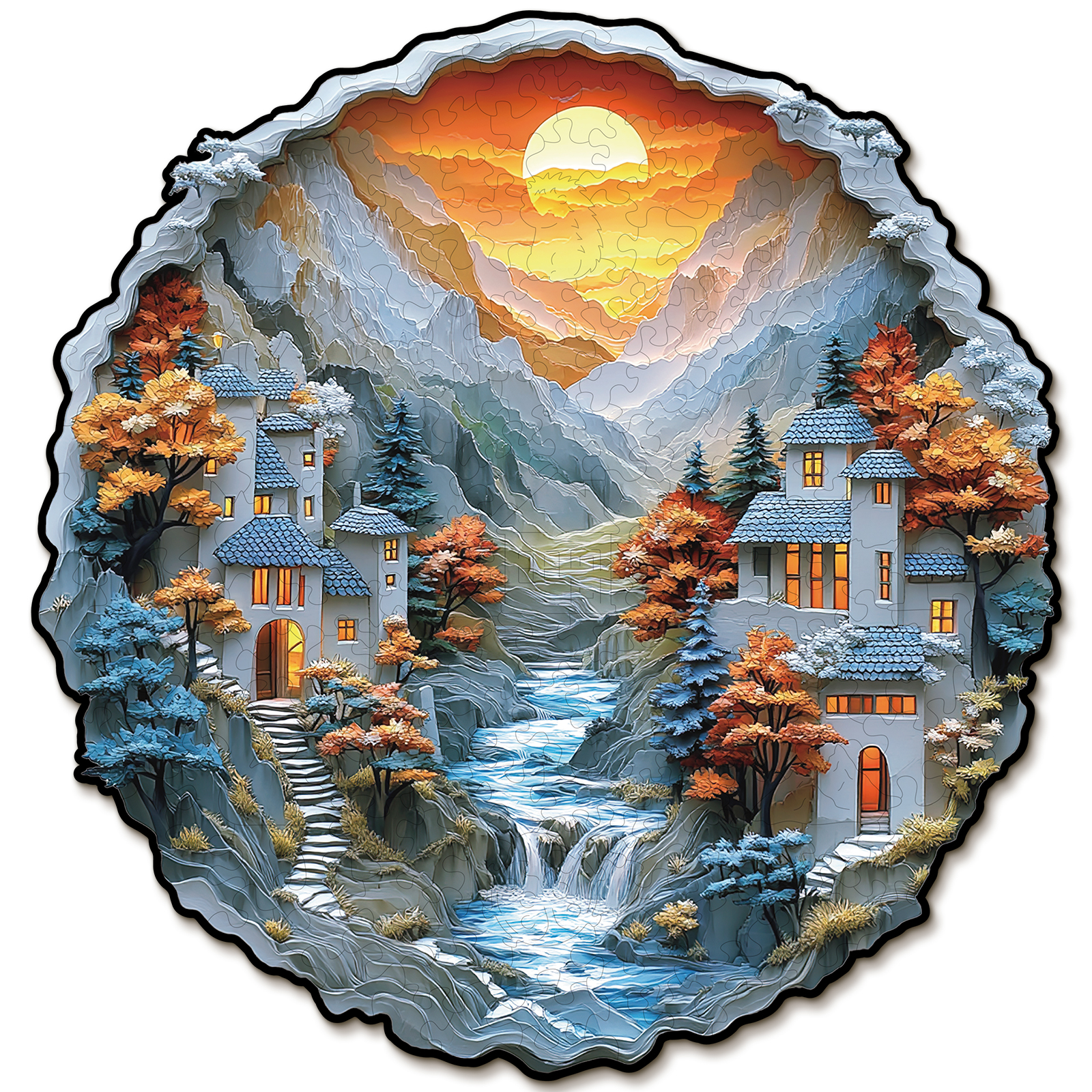 Wooden Jigsaw Puzzle –3D Mountain Stream Cottage