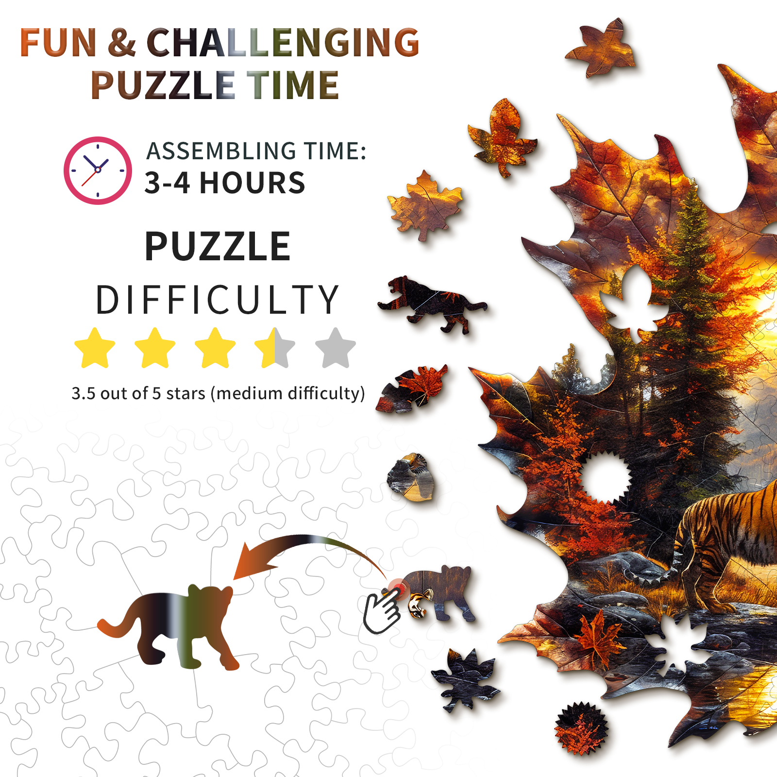 Wooden Jigsaw Puzzle – Maple Leaf Tiger - Image 4