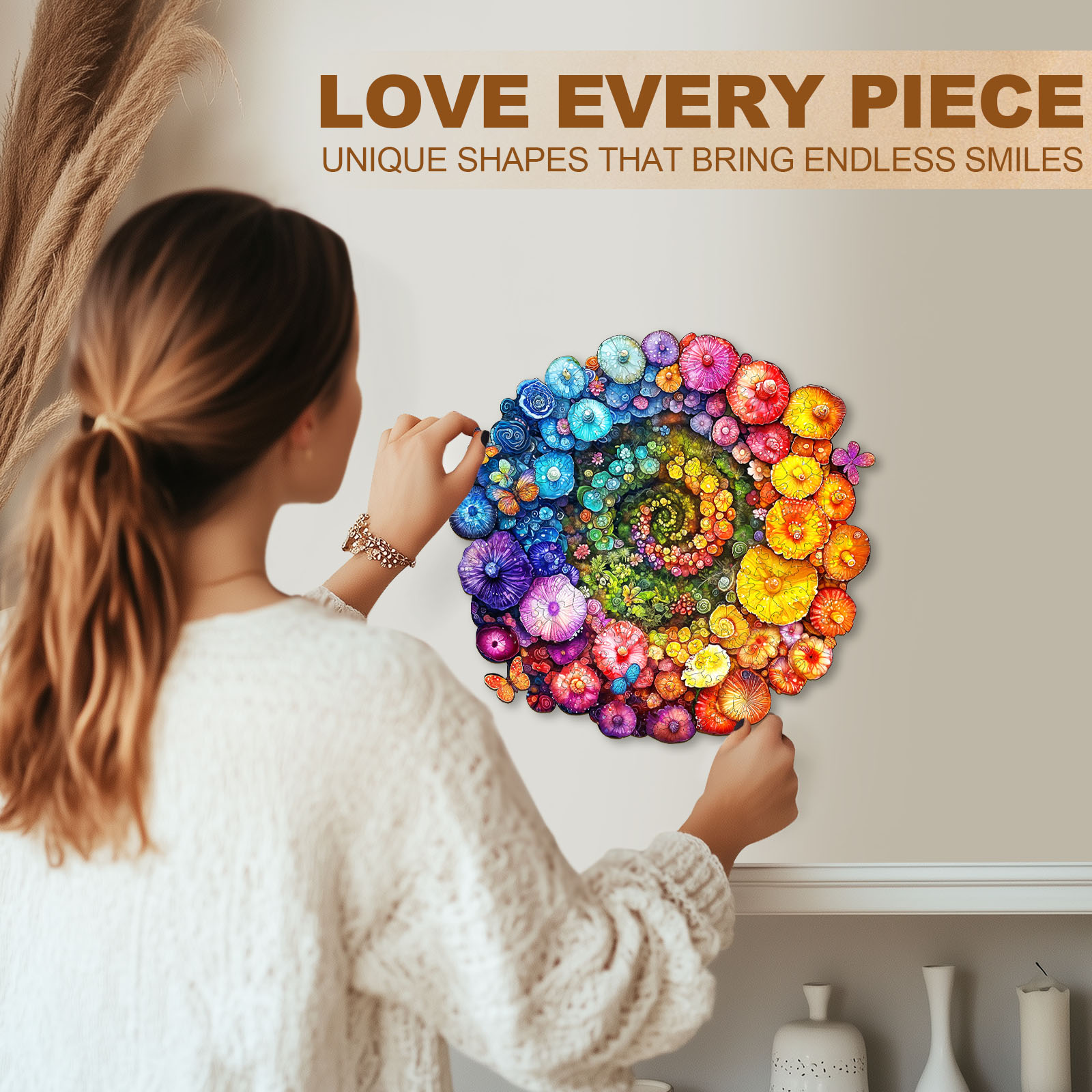 Wooden Jigsaw Puzzle – Rainbow vortex mushrooms - Image 10