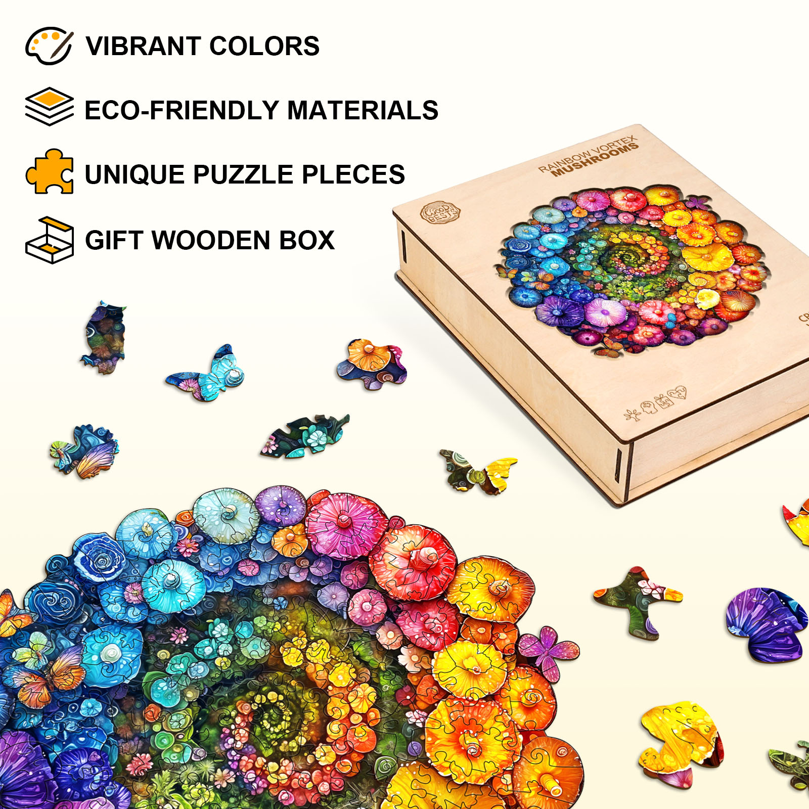 Wooden Jigsaw Puzzle – Rainbow vortex mushrooms - Image 5